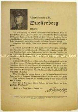 Flugblatt mit der Erklärung von Theodor Duesterberg über seine Kandidatur zur Reichspräsidentenwahl am 13. März 1932