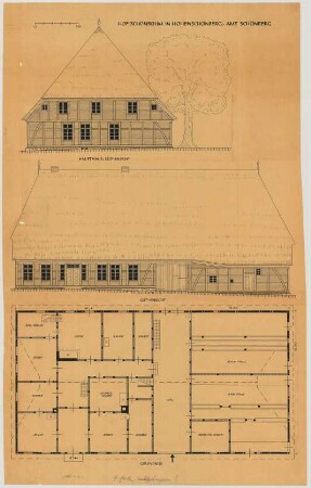 Hohen Schönberg (Kreis Schönberg): Hof Schönbohm. Haupthaus (Grundriss, Ostansicht, Südansicht)