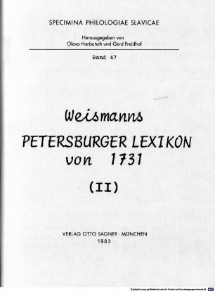 Weismanns Petersburger Lexikon von 1731. 2