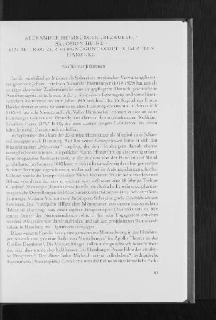 Alexander Heimbürger "bezaubert" Salomon Heine - ein Beitrag zur Vergnügungskultur im alten Hamburg