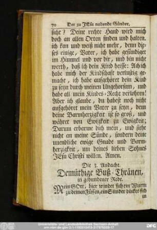Die 3. Andacht. Demüthige Buß-Thränen, in gebundener Rede.