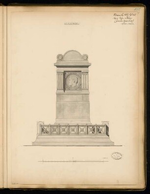 Grabdenkmal für Geheimrat Koch, Thale Monatskonkurrenz November 1877: 2. Entwurf: Aufriss Vorderansicht; Maßstabsleiste