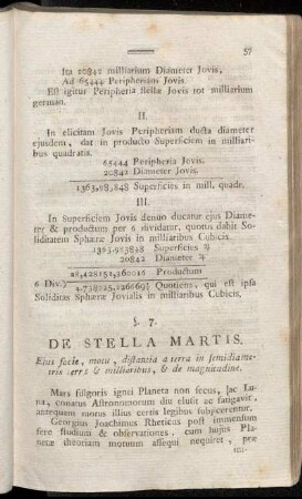 §. 7. De Stella Martis. Ejus facie, motu, distantia a terra in semidiametris terræ & milliaribus, & de magnitudine.