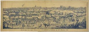 Panorama des französischen Lagers vor dem Grimmaischen Tor östlich von Leipzig gegen Ende der Völkerschlacht am 19. Oktober 1813, im Hintergrund die Stadt Leipzig mit der Paulinerkirche, rechts Gefechte