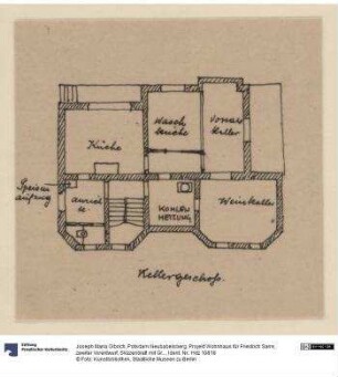 Potsdam Neubabelsberg, Projekt Wohnhaus für Friedrich Sarre, zweiter Vorentwurf, Skizzenblatt mit Grundriss des Kellergeschosses