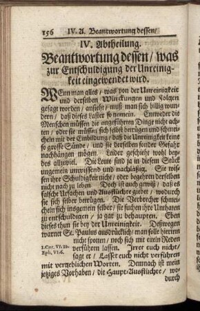 IV. Abtheilung. Beantwortung dessen / was zur Entschuldigung der Unreinigkeit eingewendet wird.