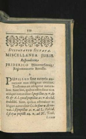 Disputatio Octava. Miscellanea Iuris. Respondente Friderico Winnenpfennig.