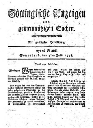 27tes Stück. Sonnabend, den 4ten Juli 1778.