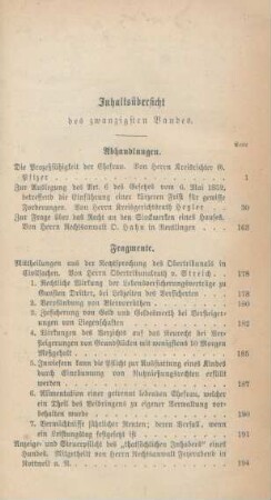 Inhaltsübersicht des zwanzigsten Bandes
