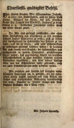 Regeln der deutschen Schönschreibekunst nebst den hiezu nöthigen Tabellen : auf churfürstl. höchsten Befehl zum Gebrauche der deutschen Schulen herausgegeben. Für die III. Classe der Kinder