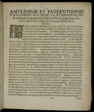 Amplissimis ... Conculibus, Senatui ... Lubecensis ...