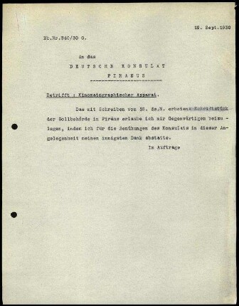 DAI Athen an Deutsches Konsulat Piräus