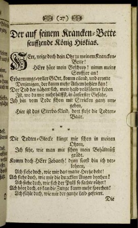 Der auf seinem Krancken-Bette seuffzende König Hiskias.