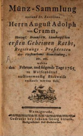 Münz-Sammlung weiland ... Herrn August Adolph v. Gramen