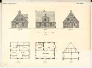 Gemeindehaus Monatskonkurrenz Oktober 1913: Grundriss Erdgeschoss, Obergeschoss, Aufriss Straßenansicht I, Straßenansicht II, Gartenansicht, Querschnitt 1:100; Maßstabsleiste