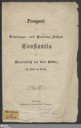 Prospect der Erholungs- und Pensions-Anstalt Constantia bei Briesnitz an der Elbe, eine Stunde von Dresden