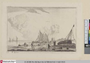 [Strandszene mit mehreren Ketschen und einem auf Grund gelegten Fischerboot; Beach Scene with Ketches and another Fishing Boat Driven ashore]