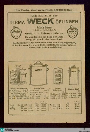 Preisliste der Firma WECK Öflingen : giltig v. 1. Februar 1924
