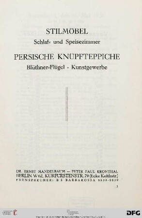 Stilmöbel - Schlaf- und Speisezimmer : Persische Knüpfteppiche - Blüthner-Flügel, Kunstgewerbe ; [16. Mai 1936]