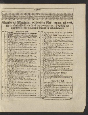 Register och Förtekning, uti hwilken Bok, capitel, och vers, the förmämste Spräk utu Mose och Propheterna, af Christo och hans Apostolar i nya Testamentet indragne och förklarde warda.