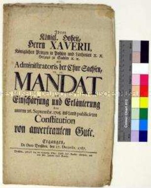 Mandat von Franz Xaver Prinz von Sachsen betreffend die Novellierung der Lehnskonstitution vom 26.9.1705