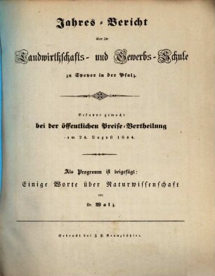 Jahresbericht über die Landwirthschafts- und Gewerbsschule Erster Klasse zu Speyer in der Pfalz : für das Schuljahr ... 1843/44