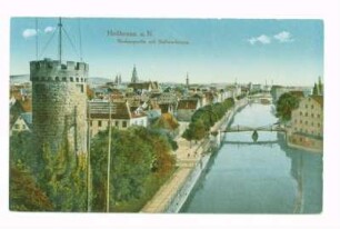 "Neckarpartie mit Bollwerksturm" - Gesamtansicht, Blick auf nördliche Altstadt und Untere Neckarstraße (color)