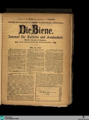 Karlsruher Tagblatt, Einladung zum Abonnement auf die beste der billigen Muster- u. Modezeitungen Die Biene. Journal für Toilette und Handarbeit