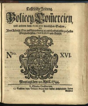 Nro. XVI, Montags, den 20. April 1744