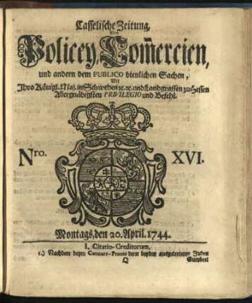 Nro. XVI, Montags, den 20. April 1744