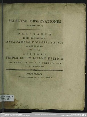 Selectae Observationes Ad Genes III, 15. : Programma Ipsis Solemnibus Archangelo Michaeli Sacris A. MDCCLXXXII
