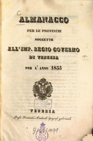 Almanacco per le provincie sogette al I. R. governo di Venezia : per l'anno .... 1833