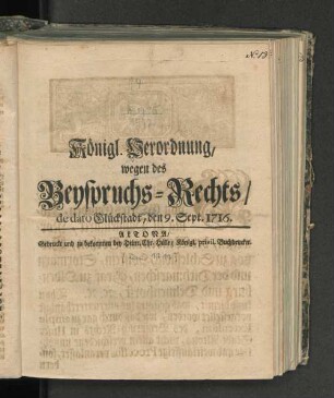 Königl. Verordnung wegen des Beyspruch-Rechts : de dato Glückstadt, den 9. Sept.1716