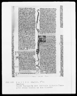 Decretum Gratiani, mit Kommentar des Bartholomäus von Brescia — Initiale Q (uidam habent), darin Übergabe eines Knaben an ein Kloster, Folio 85recto