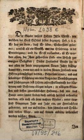 Das gesegnete Zurückdencken an die Zeit der Demüthigung wurde den sechs evangelischen Gemeinden auf den Neujahrs-Tag 1757. samt dem daran nach gehaltenem Früh- und Abend-Predigten in Jesu Namen zu sprechenden Gebethe, aus Ps. 119,67. bey gegenwärtigen Zeiten der Demüthigung, zum heilsamen Nachdencken vorgeleget