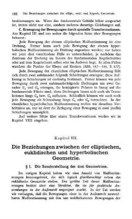 Die Beziehungen zwischen der elliptischen, euklidischen und hyperbolischen Geometrie.