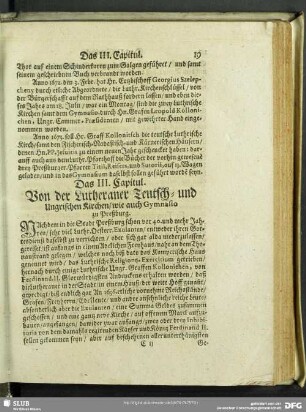Das III. Capitul. Von der Lutheraner Teutsch- und Ungrischen Kirchen, wie auch Gymnasio zu Preßburg