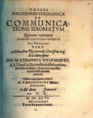 Theses philos. theol. de communicatione idiomatum