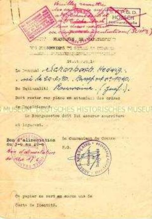 Bescheinigung der Französischen Militärmission zur Rückführung der Kriegsgefangenen und Deportierten