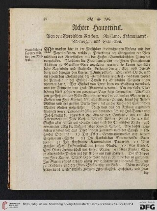 Achter Haupttitul. Von den Nordischen Reichen. Rußland, Dännemarck, Norwegen und Schweden