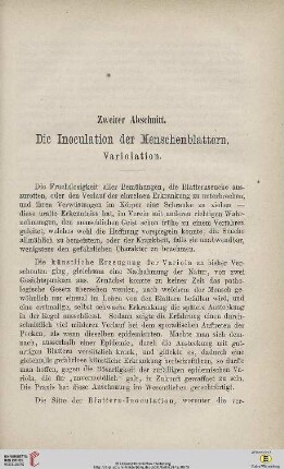 Die Inoculation der Menschenblattern. Variolation.