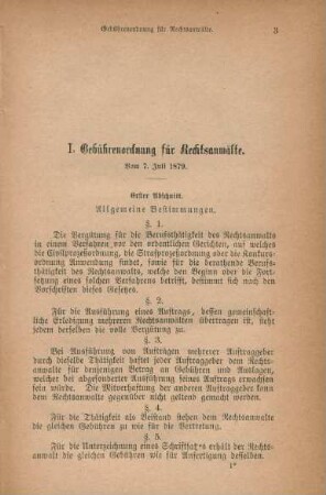 I. Gebührenordnung für Rechtsanwälte. Vom 7. Juli 1879.