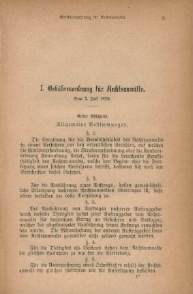 I. Gebührenordnung für Rechtsanwälte. Vom 7. Juli 1879.