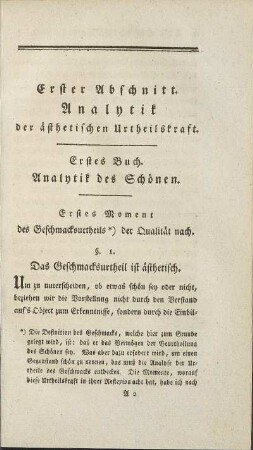 Erster Abschnitt. Analytik der ästhetischen Urtheilskraft.