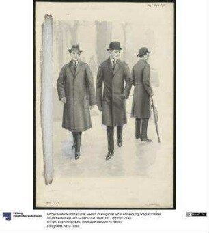 Drei Herren in eleganter Straßenkleidung: Raglanmantel, Stadtchesterfield und Guardscoat