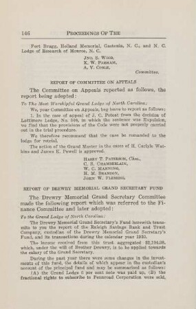Report of Drewry Memorial Grand Secretary Fund