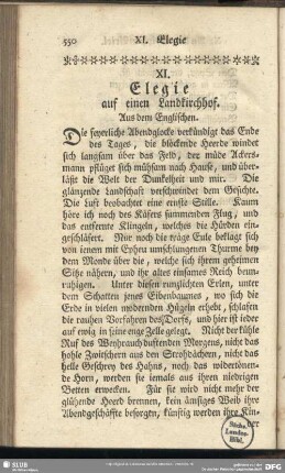 XI. Elegie aufeinen Landkirchhof. Aus dem Englischen