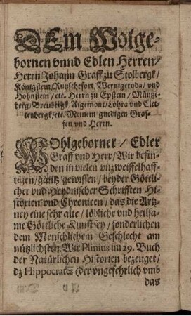 Dem Wolgebornen vnnd Edlen Herren/ Herrn Johann Graff zu Stolbergk ....