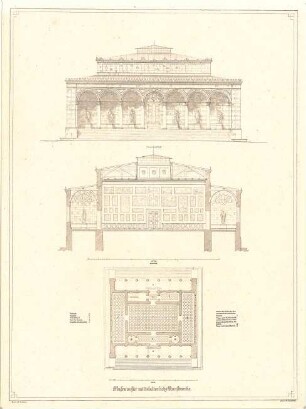 Bürklein, Eduard; Museum für mittelalterliche Kunstwerke - Grundriss, Ansicht, Längsschnitt