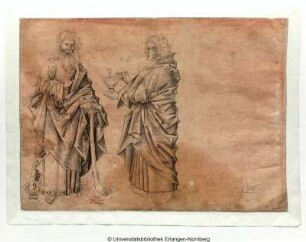 Judas Thaddäus (Keule) und Evangelist Johannes (Kelch mit Schlange), einander zugewendet stehend
